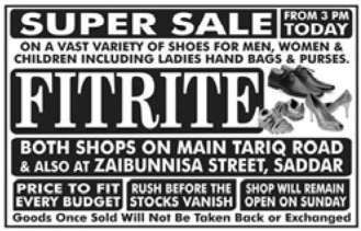 Fitrite Super Sale of Shoes for Men, Women, Children  Only in Traiq Road Shop located in Karachi, Pakistan