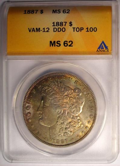 1887 Morgan Silver Dollar ANACS MS62  VAM 12  RAINBOW Toned 