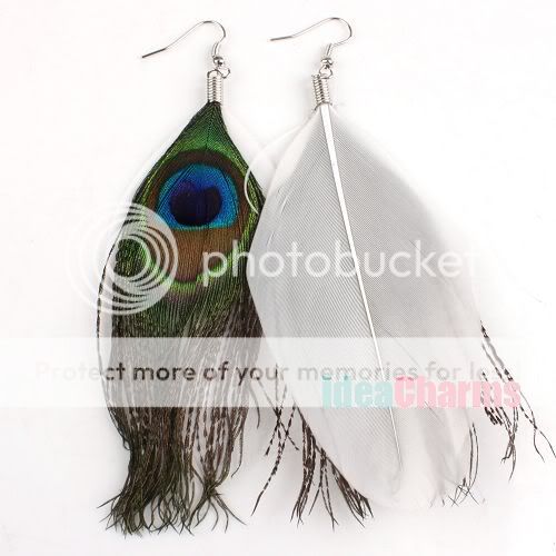 Pairs Elegant Womens Jewelry White Peacock Feather Dangle Hook 