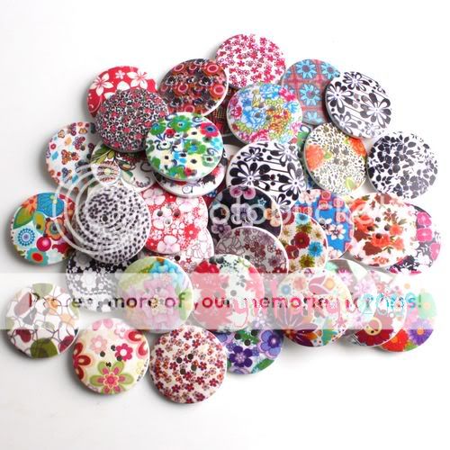 60 Mixed 4 Hole Printed Wooden Flower Buttons 25mm B902  