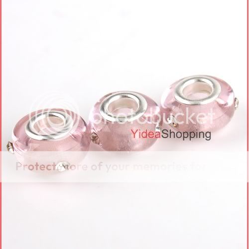 15x Pink Glass with Rhinestone bead Fit Bracelet P1605  